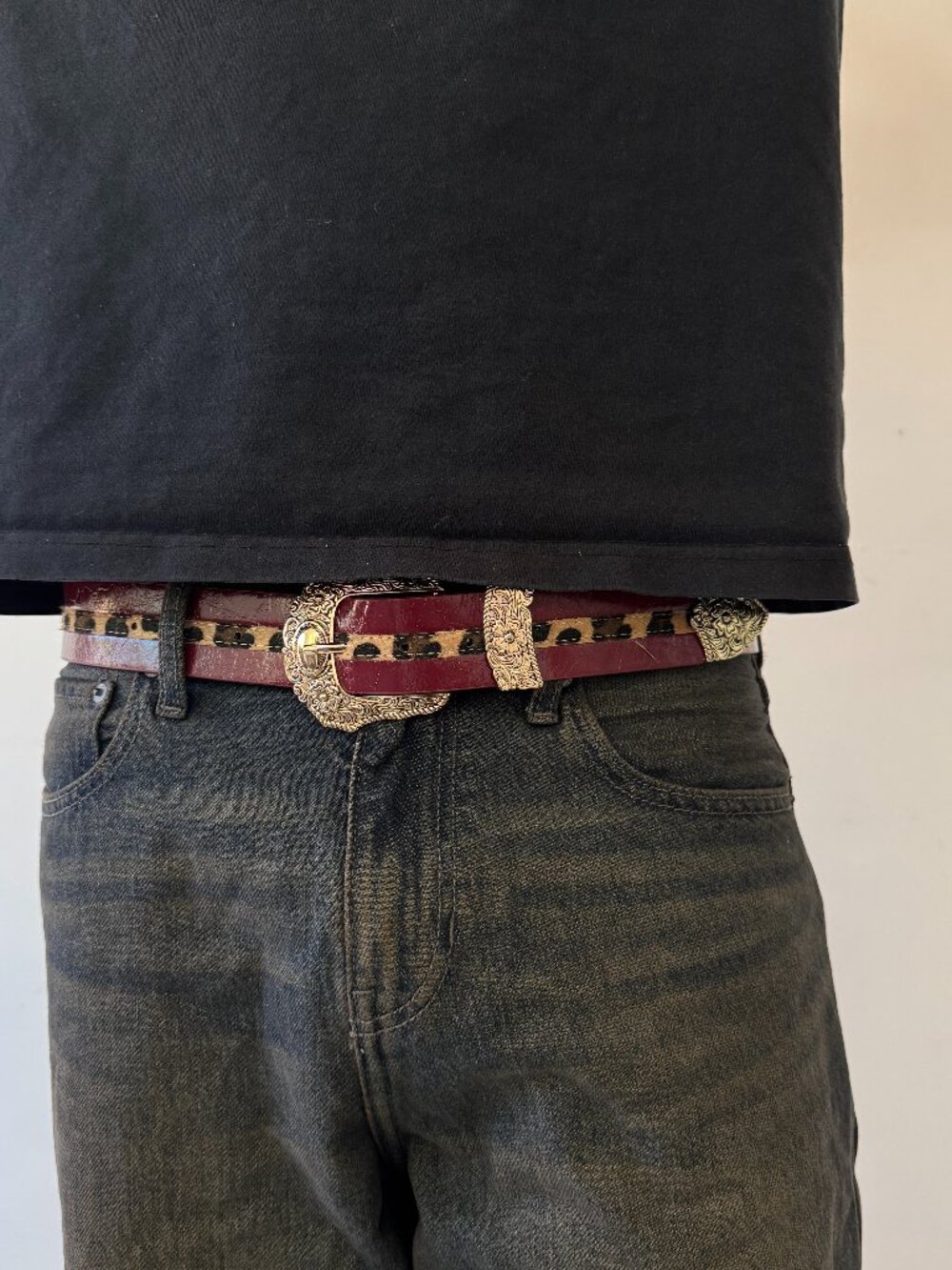 Wine Red Leopard Print Antique Western Belt